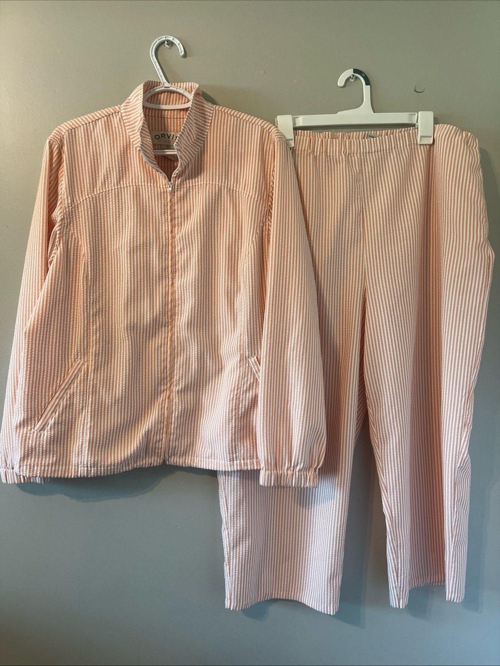 Orvis Womens Seersucker Track Suit Jacket & Pants Set Leisure Suit Retro 90’s XL